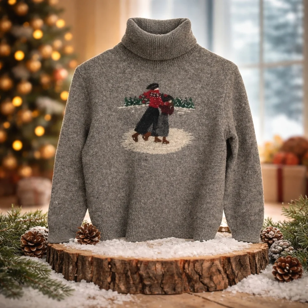 Ralph Lauren Vintage Lambswool Turtleneck Sweater Gray LP Ice Skating - Picture 12 of 13